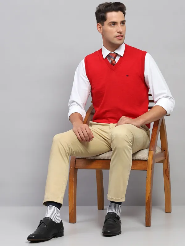 Men Red Solid V Neck Sleeveless Sweater made by Monte Carlo