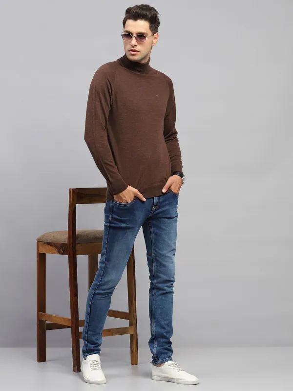 Men Brown Solid Turtle Neck Full Sleeve Pullover sold by Monte Carlo