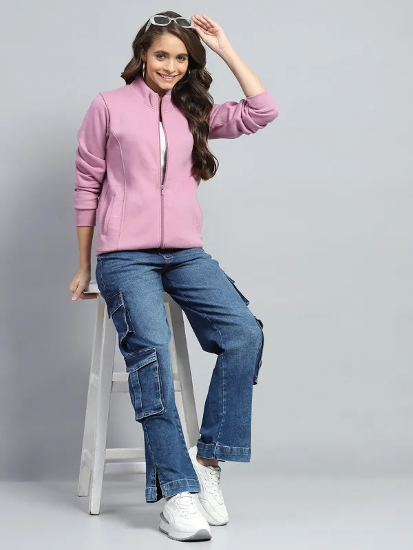 Women Pink Solid Mock Neck Full Sleeve Sweatshirt sold by Monte Carlo