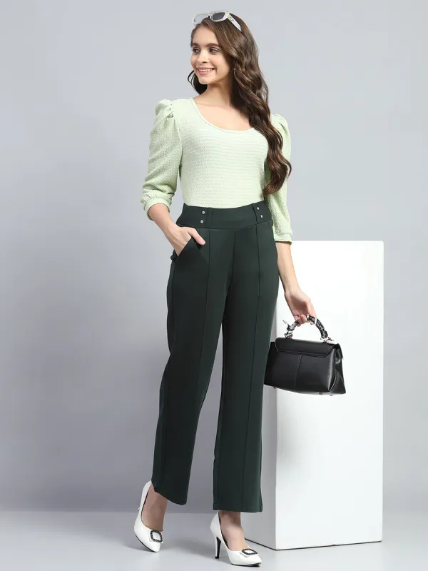 Women Bottle Green Solid Regular Fit Trouser sold by Monte Carlo