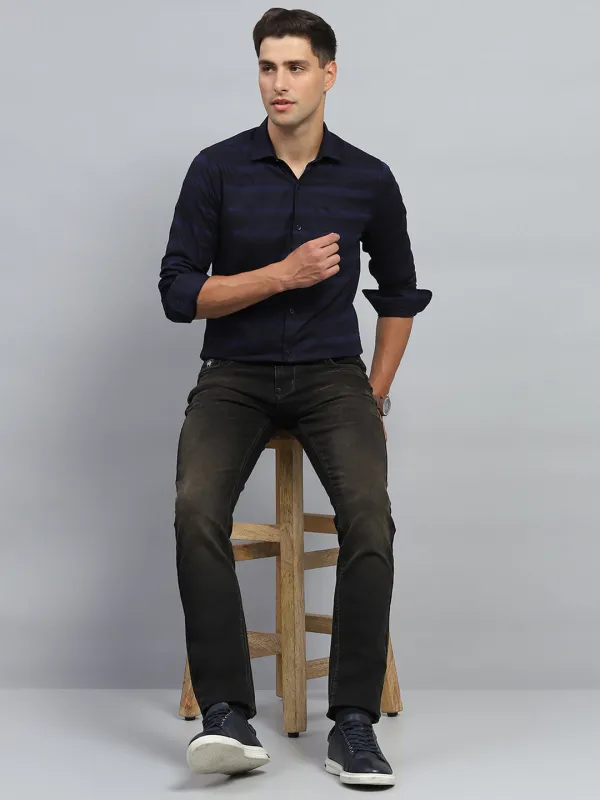 Men Navy Blue Stripe Collar Full Sleeve Shirt sold by Monte Carlo