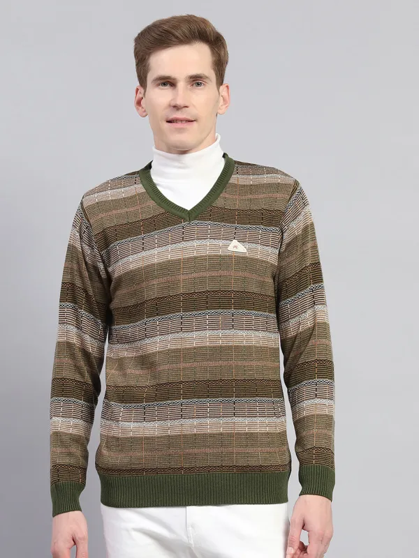 Men Green & Brown Stripe V Neck Full Sleeve Pullover sold by Monte Carlo