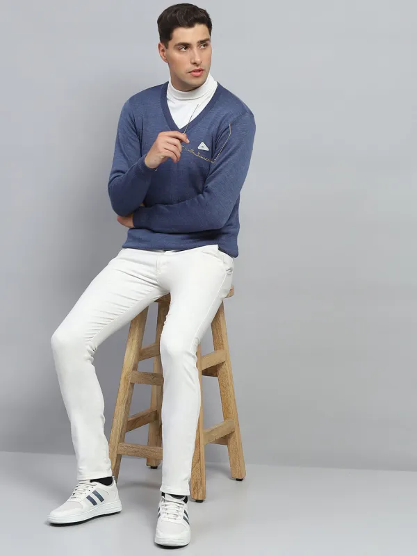 Men Blue Solid V Neck Full Sleeve Pullover made by Monte Carlo