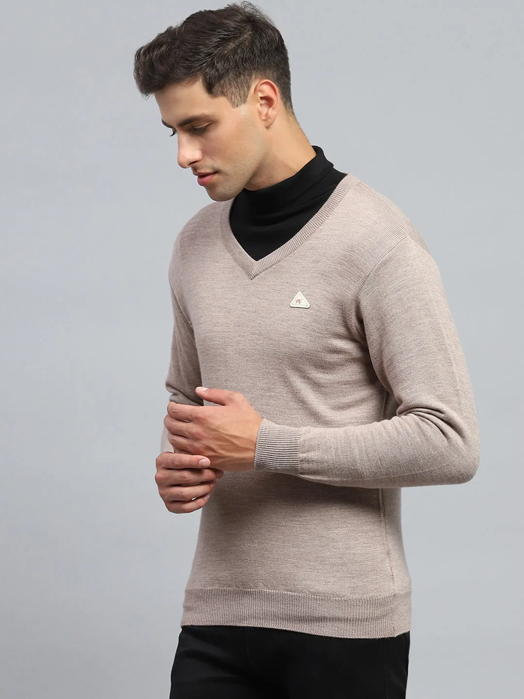 Men Beige Solid V Neck Full Sleeve Pullover sold by Monte Carlo product image thumbnail 3