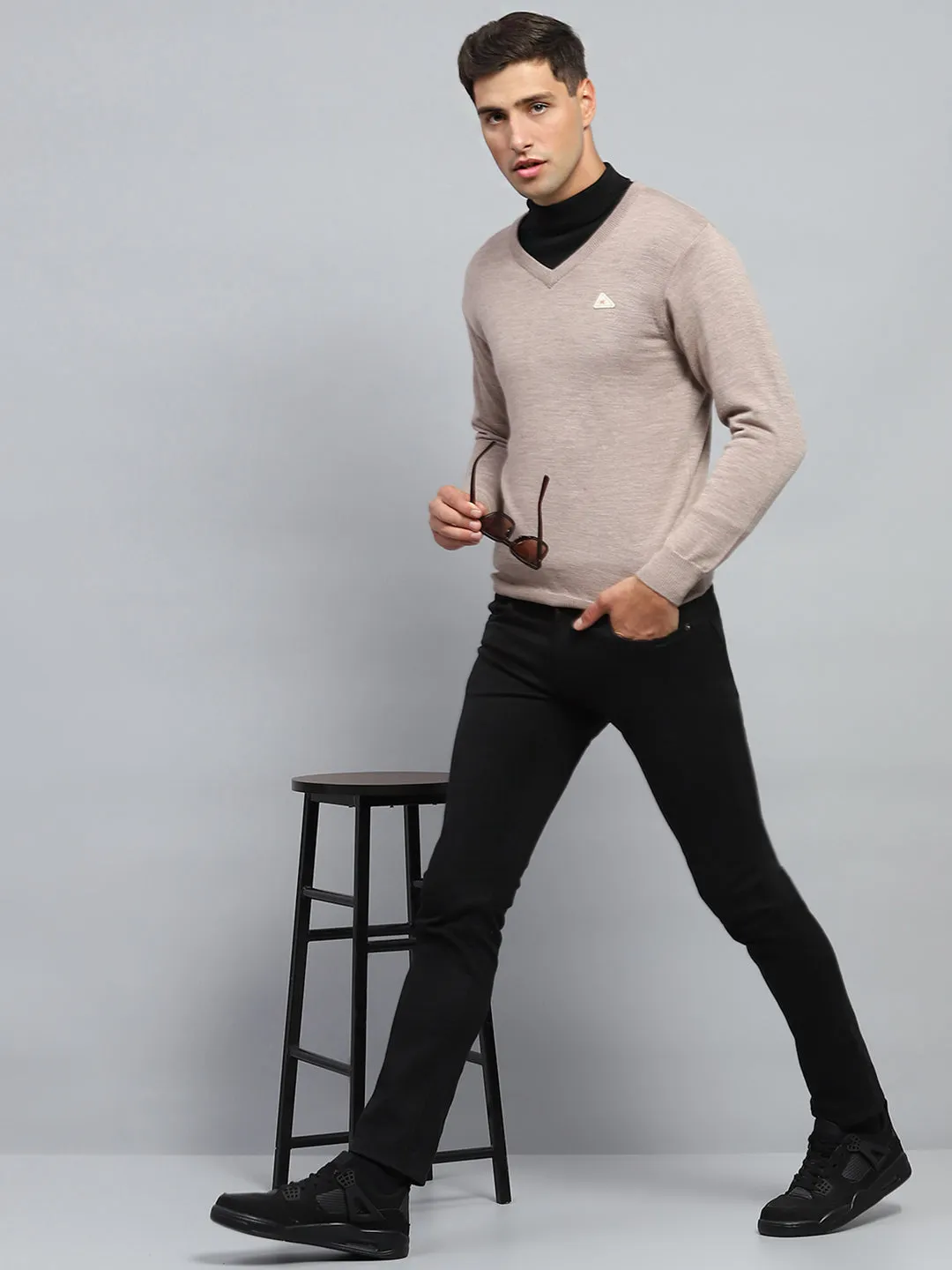 Men Beige Solid V Neck Full Sleeve Pullover sold by Monte Carlo