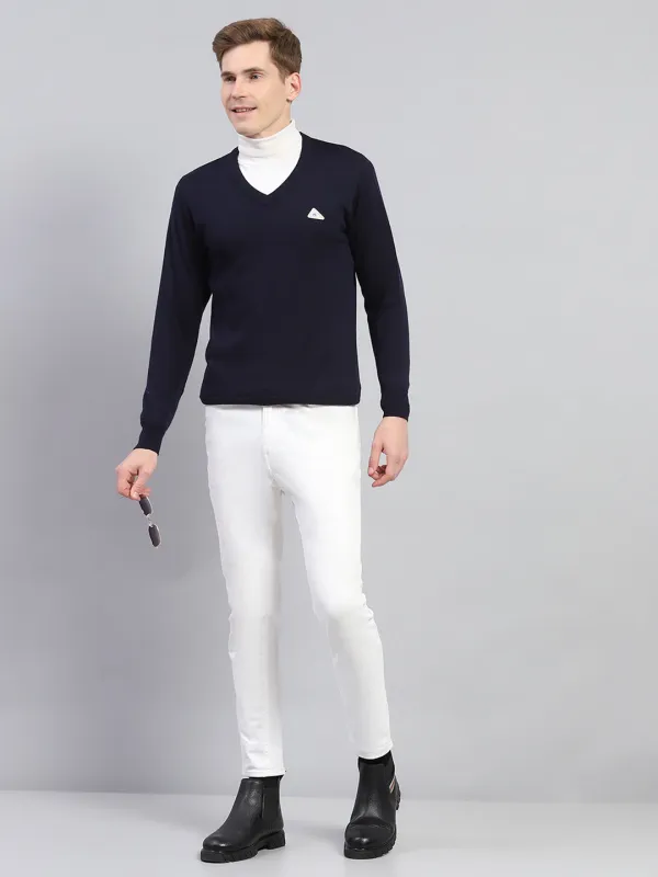 Men Navy Blue Solid V Neck Full Sleeve Pullover made by Monte Carlo
