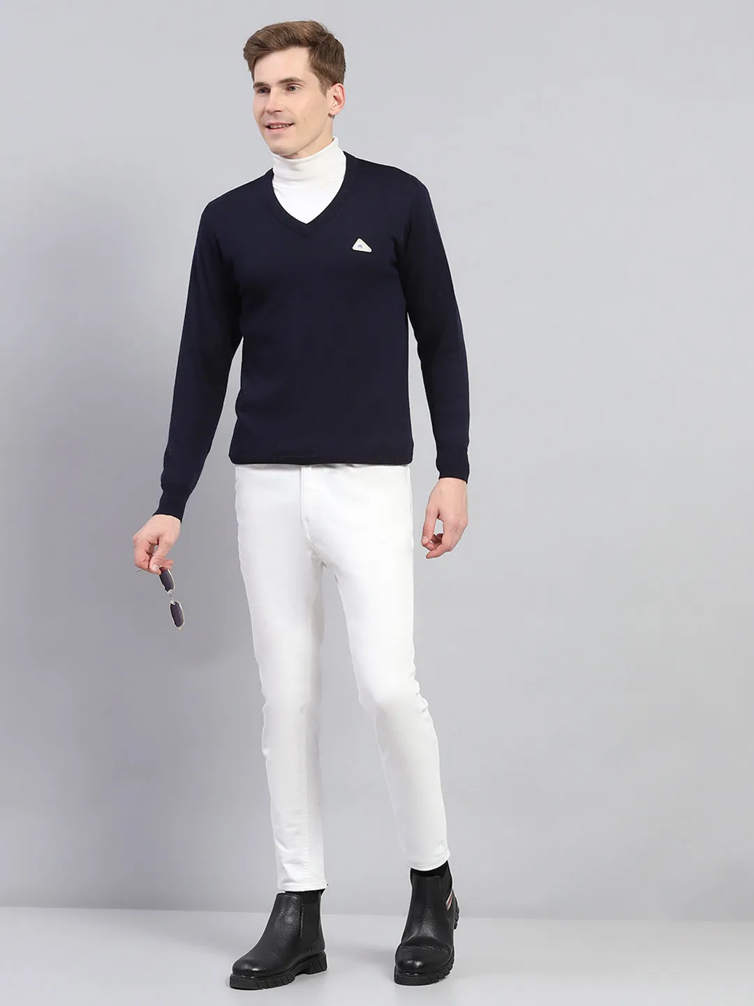 Men Navy Blue Solid V Neck Full Sleeve Pullover sold by Monte Carlo
