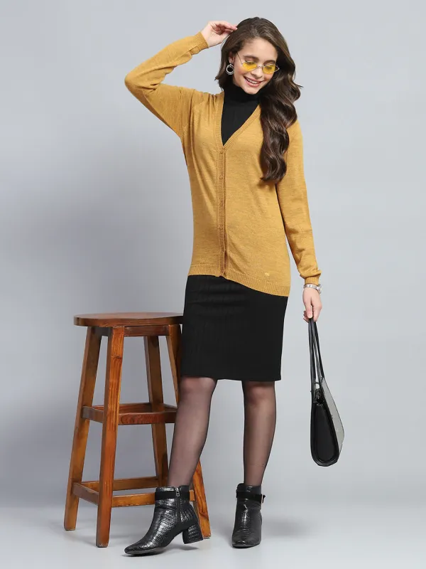 Women Yellow Solid V Neck Full Sleeve Cardigan sold by Monte Carlo