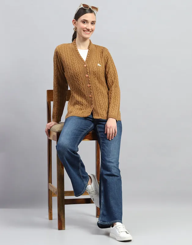 Women Mustard Self Design V Neck Full Sleeve Cardigan sold by Monte Carlo