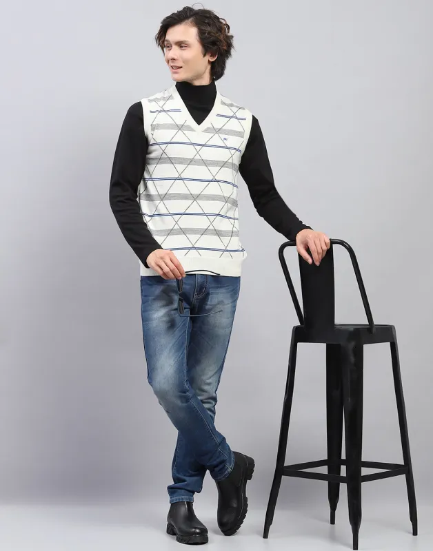 Men Off White Self Design V Neck Sleeveless Sweater made by Monte Carlo