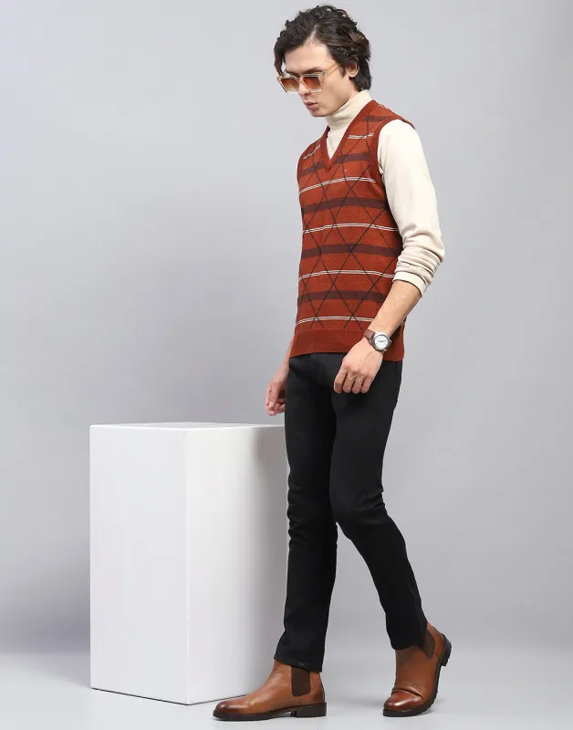 Men Rust Self Design V Neck Sleeveless Sweater made by Monte Carlo