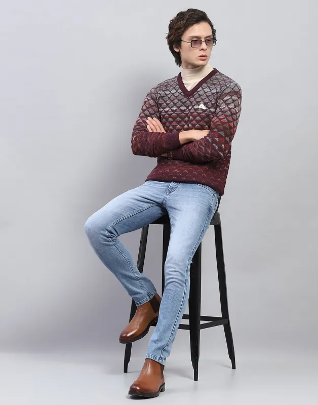 Men Maroon Self Design V Neck Full Sleeve Pullover sold by Monte Carlo