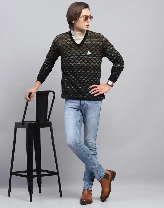 Men Black Self Design V Neck Full Sleeve Pullover sold by Monte Carlo