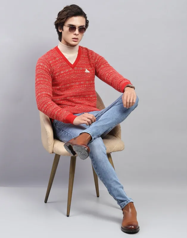 Men Red Self Design V Neck Full Sleeve Pullover made by Monte Carlo