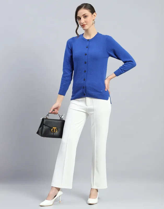 Women Blue Solid Round Neck Full Sleeve Cardigan sold by Monte Carlo