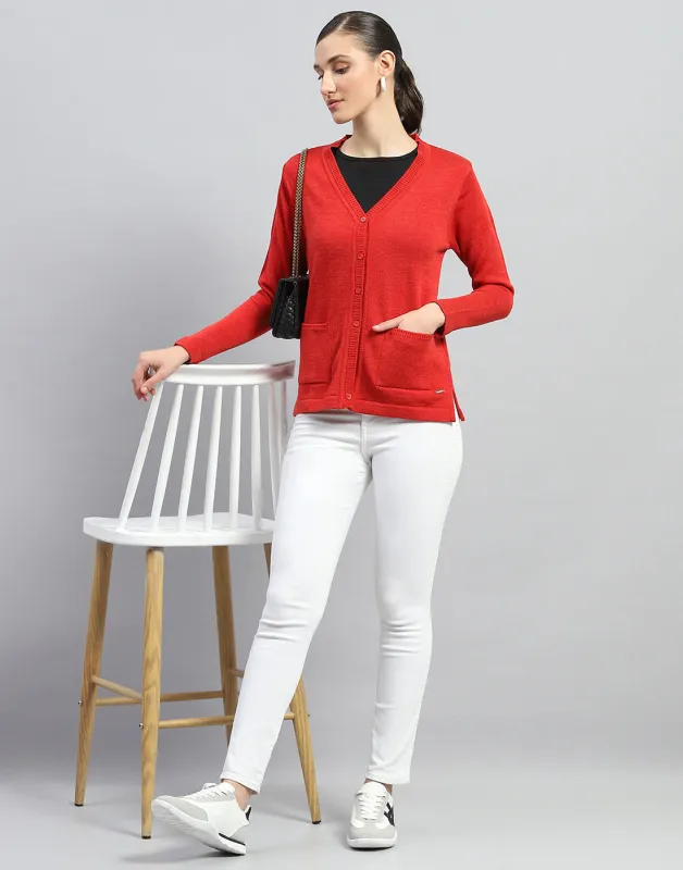 Women Red Solid V Neck Full Sleeve Cardigan sold by Monte Carlo
