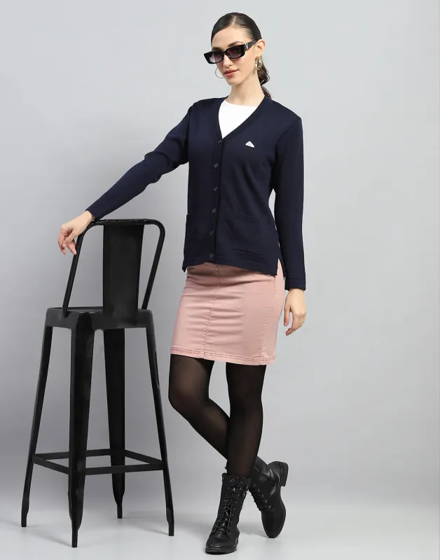 Women Navy Blue Solid V Neck Full Sleeve Cardigan sold by Monte Carlo