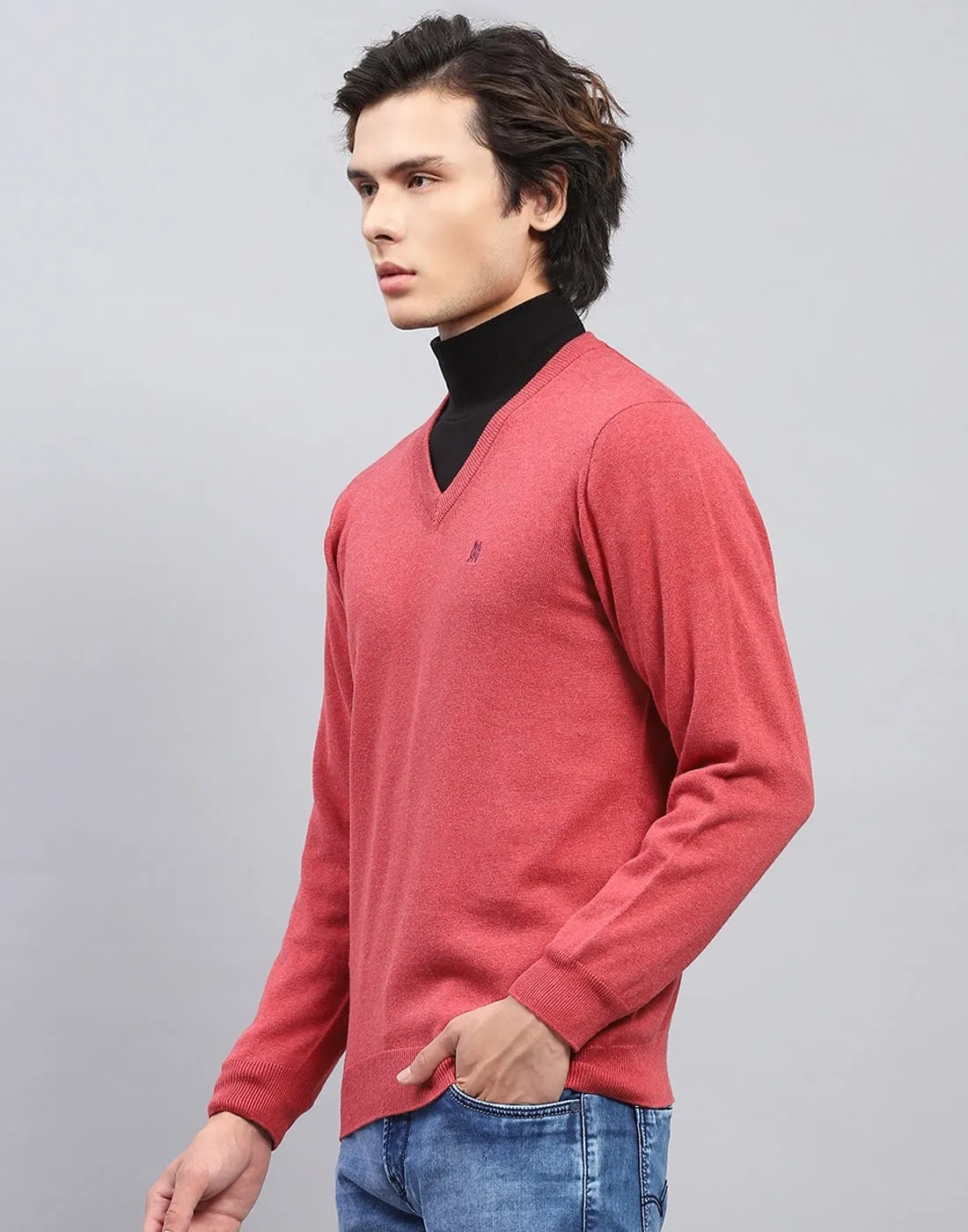 Men Pink Solid V Neck Full Sleeve Pullover sold by Monte Carlo product image thumbnail 3