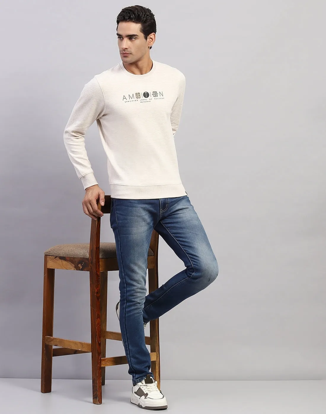 Men Beige Printed Round Neck Full Sleeve Winter T-Shirt sold by Monte Carlo
