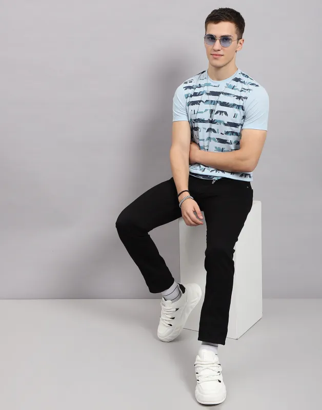 Men Sky Blue Stripe Round Neck Half Sleeve T-Shirt made by Monte Carlo