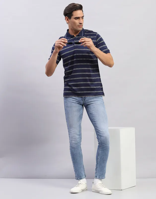 Men Navy Blue Self Design Polo Collar Half Sleeve T-Shirt made by Monte Carlo