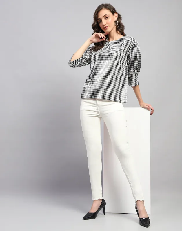 Women Black Check Round Neck 3/4th Sleeve Top sold by Monte Carlo
