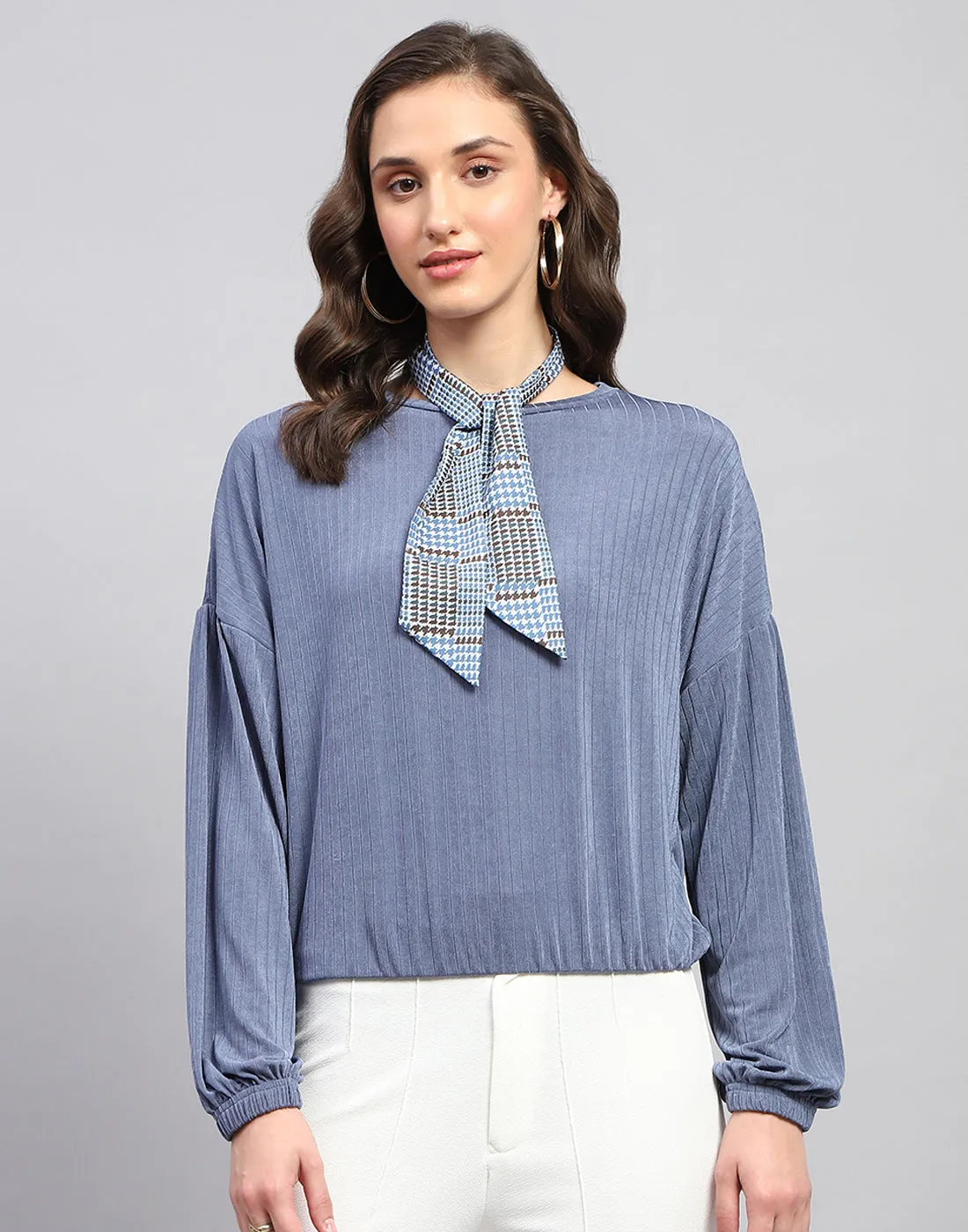 Women Blue Self Design Round Neck Full Sleeve Winter Top sold by Monte Carlo product image thumbnail 3