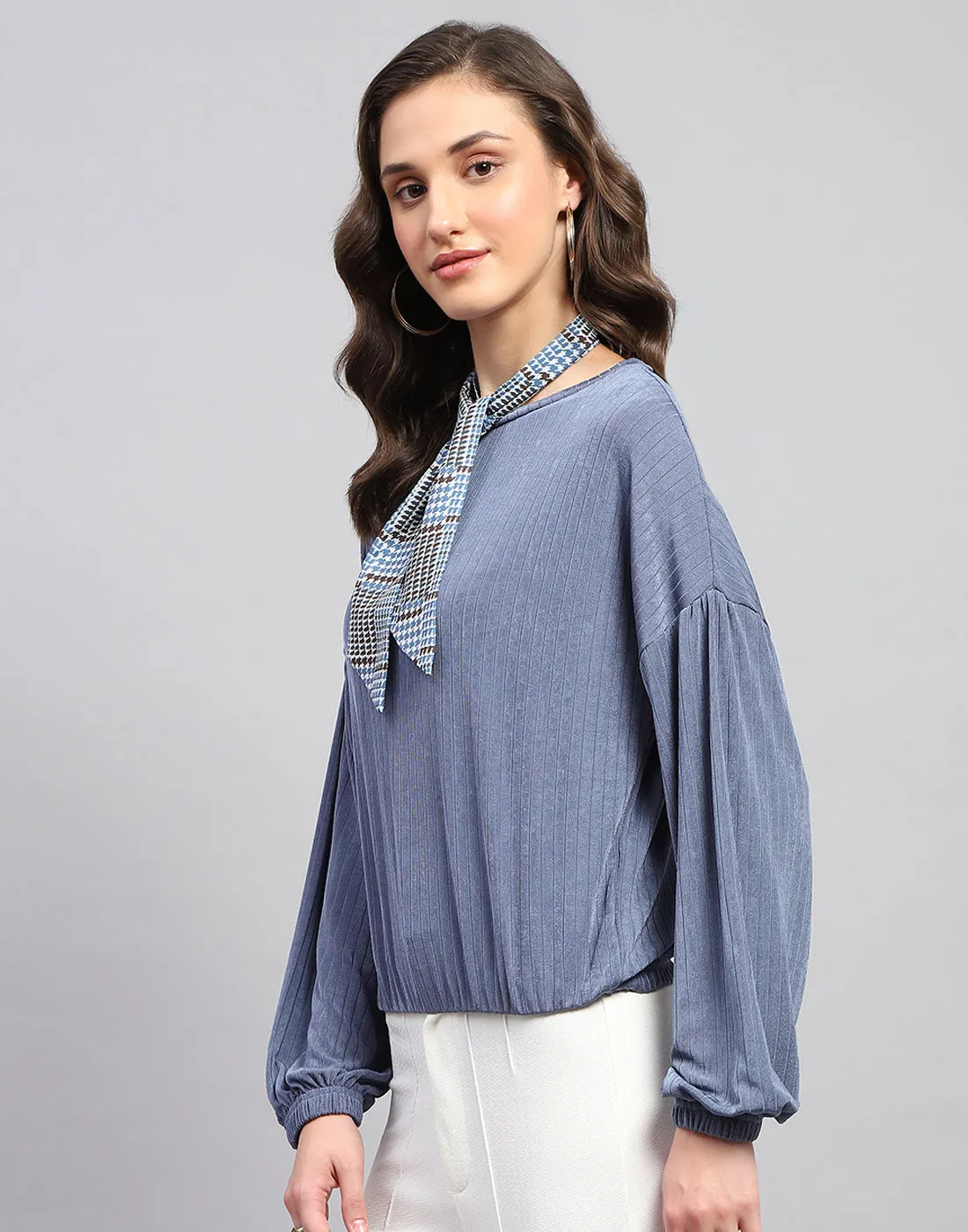 Women Blue Self Design Round Neck Full Sleeve Winter Top sold by Monte Carlo product image thumbnail 4