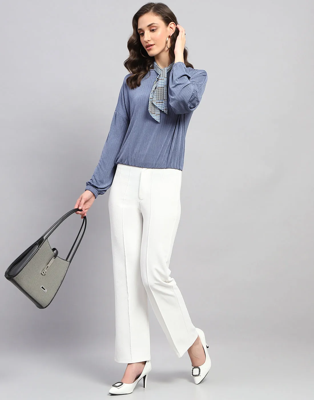 Women Blue Self Design Round Neck Full Sleeve Winter Top sold by Monte Carlo