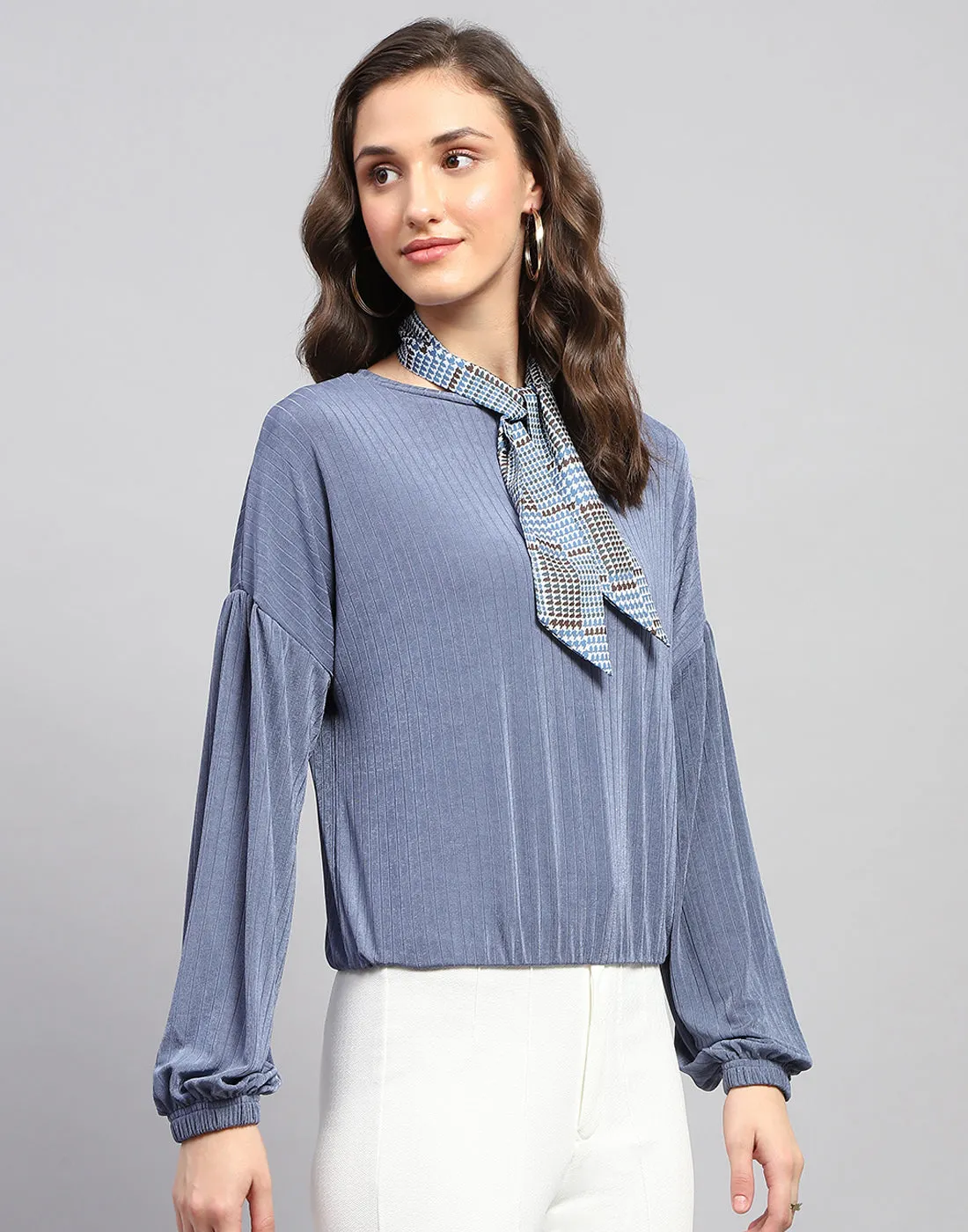 Women Blue Self Design Round Neck Full Sleeve Winter Top sold by Monte Carlo product image thumbnail 5