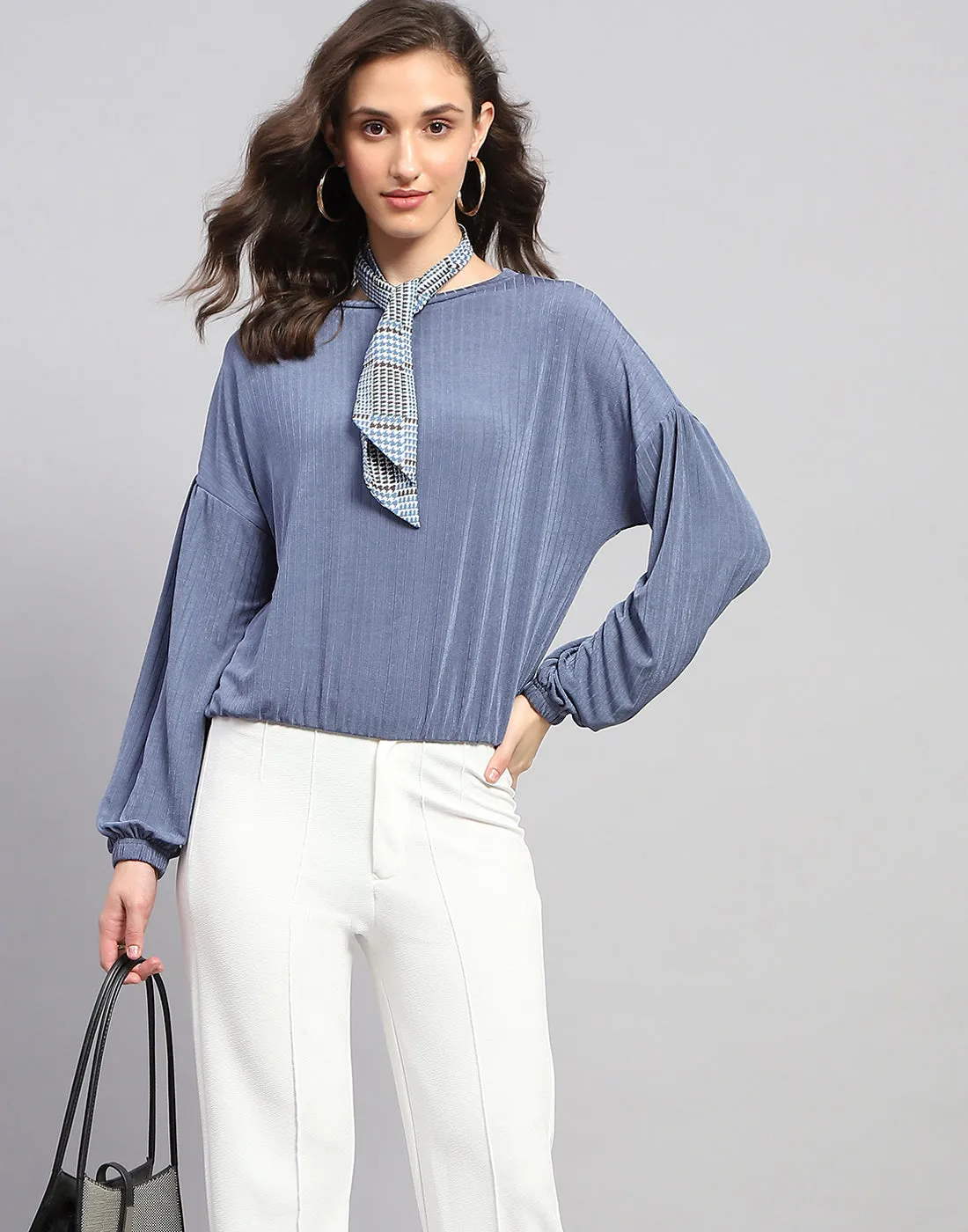 Women Blue Self Design Round Neck Full Sleeve Winter Top sold by Monte Carlo product image thumbnail 2