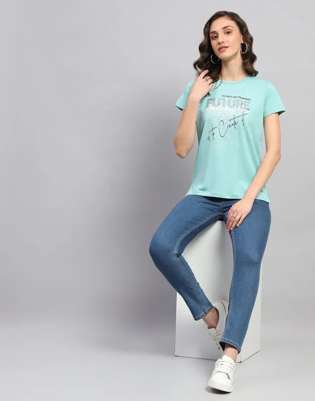 Women Blue Printed Round Neck Half Sleeve Top sold by Monte Carlo