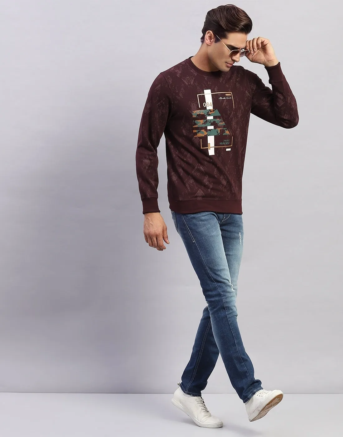 Men Maroon Printed Round Neck Full Sleeve Winter T-Shirt sold by Monte Carlo