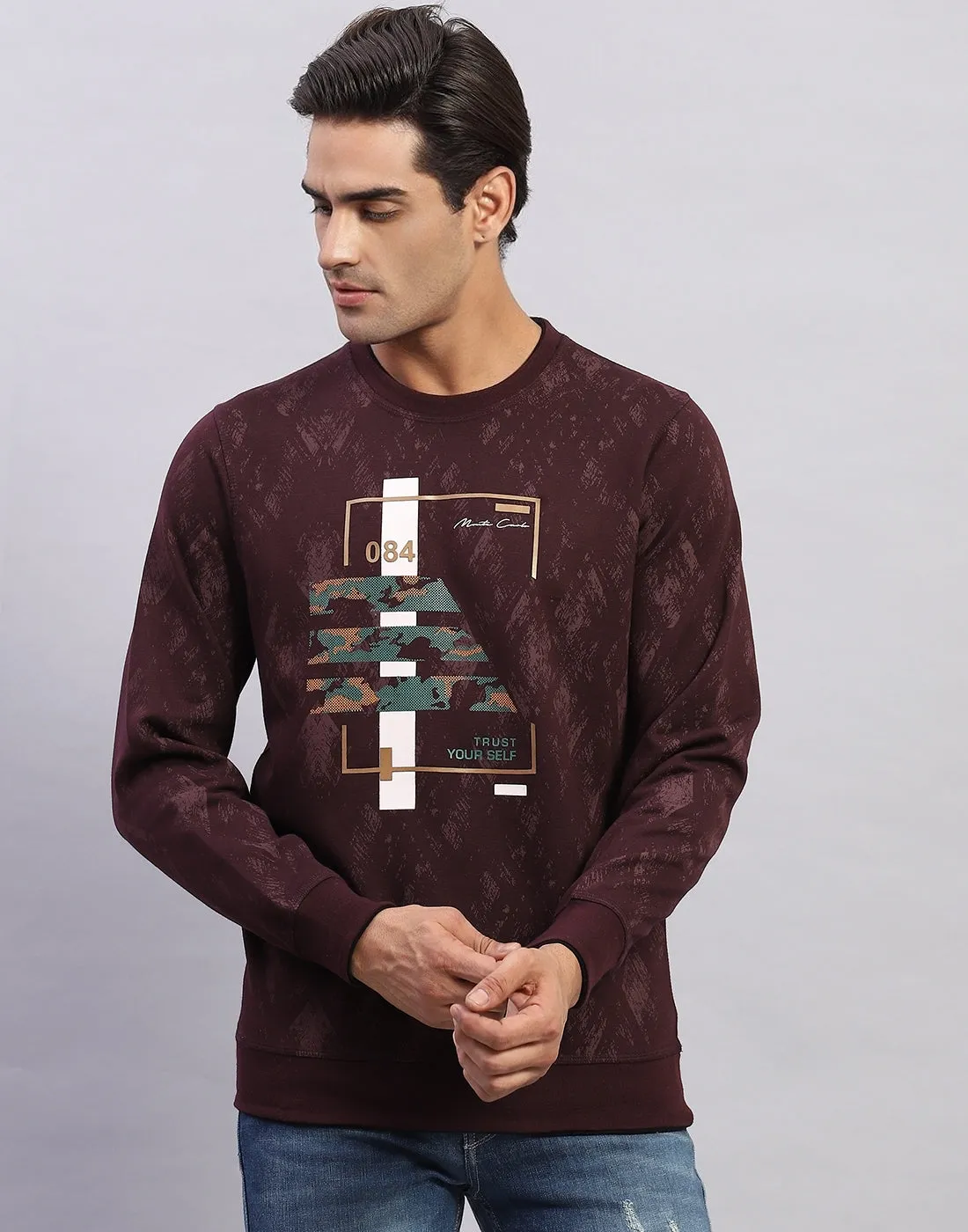 Men Maroon Printed Round Neck Full Sleeve Winter T-Shirt sold by Monte Carlo product image thumbnail 2