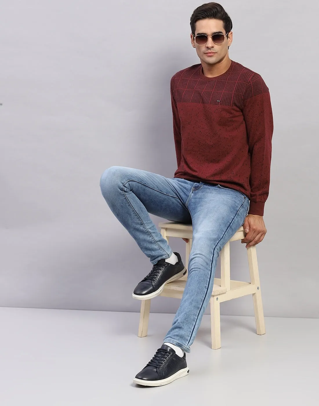 Men Maroon Printed Round Neck Full Sleeve Winter T-Shirt sold by Monte Carlo