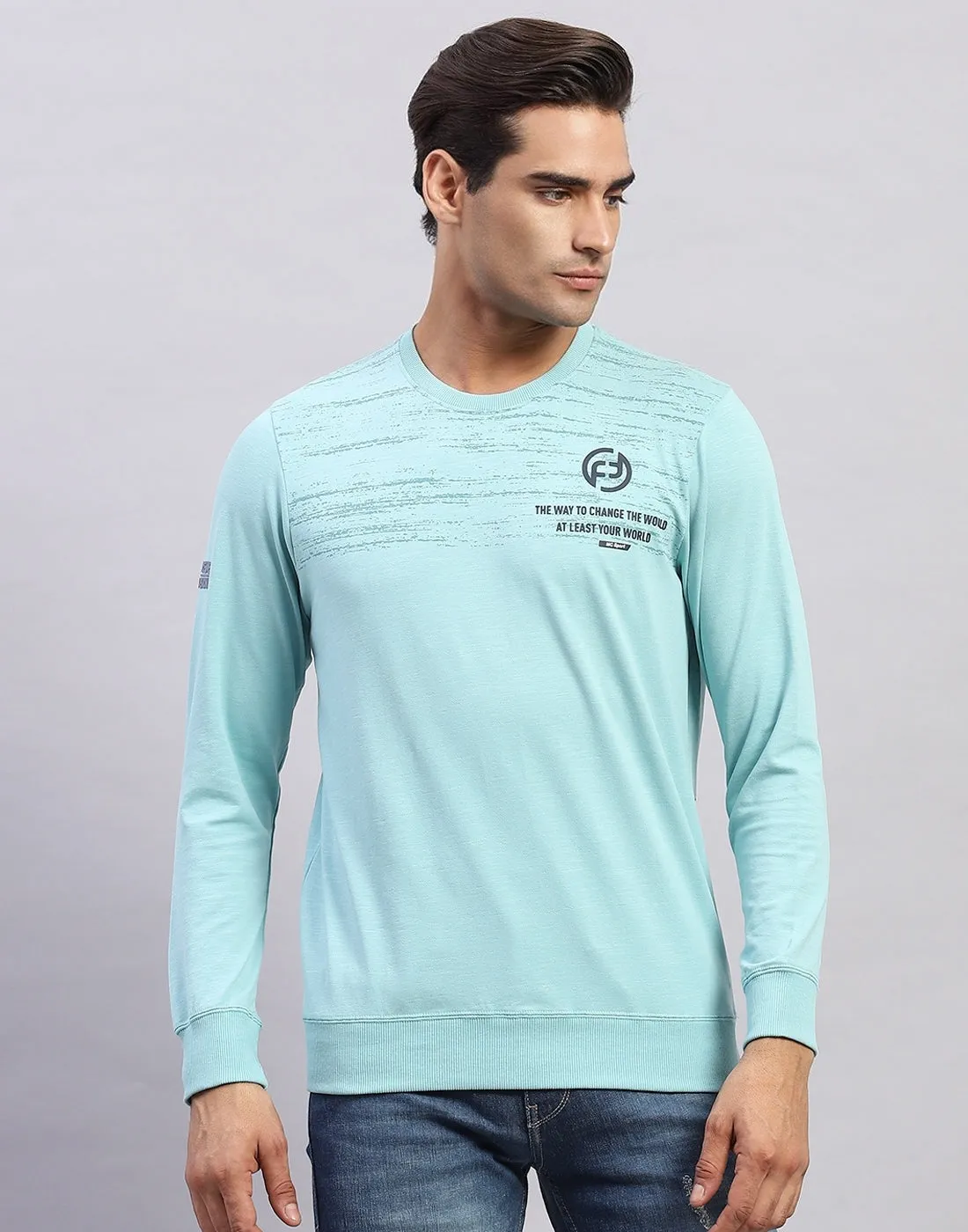 Men Light Blue Printed Round Neck Full Sleeve Winter T-Shirt sold by Monte Carlo product image thumbnail 2