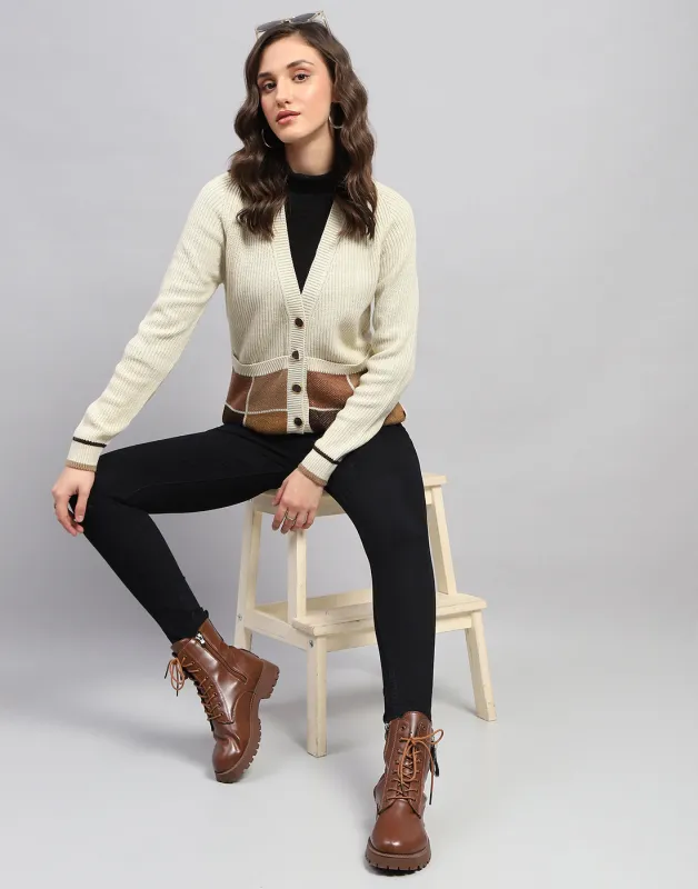 Women Beige Self Design V Neck Full Sleeve Cardigan sold by Monte Carlo