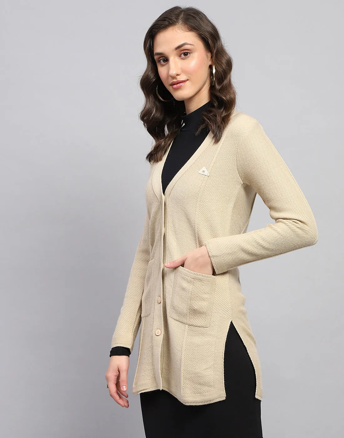 Women Beige Self Design V Neck Full Sleeve Cardigan sold by Monte Carlo product image thumbnail 4