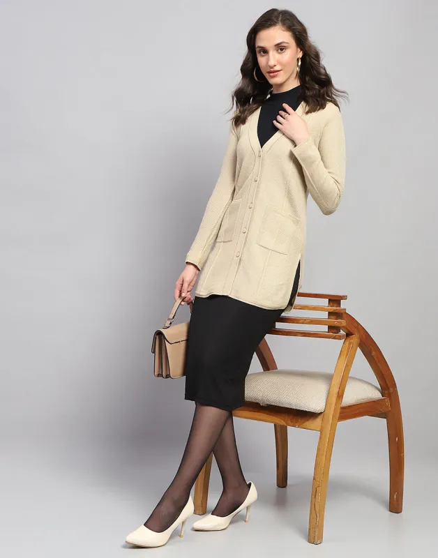 Women Beige Self Design V Neck Full Sleeve Cardigan sold by Monte Carlo