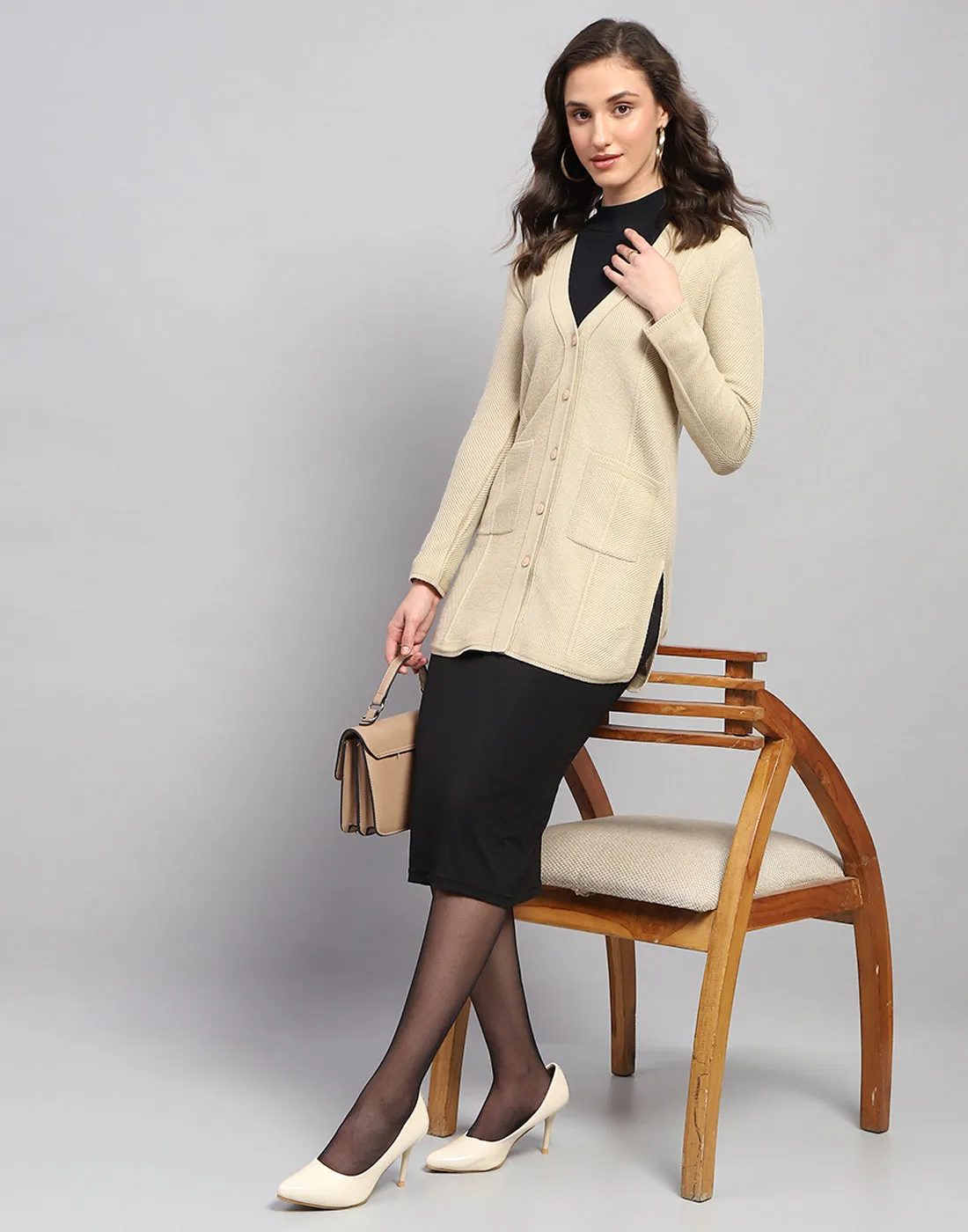 Women Beige Self Design V Neck Full Sleeve Cardigan sold by Monte Carlo