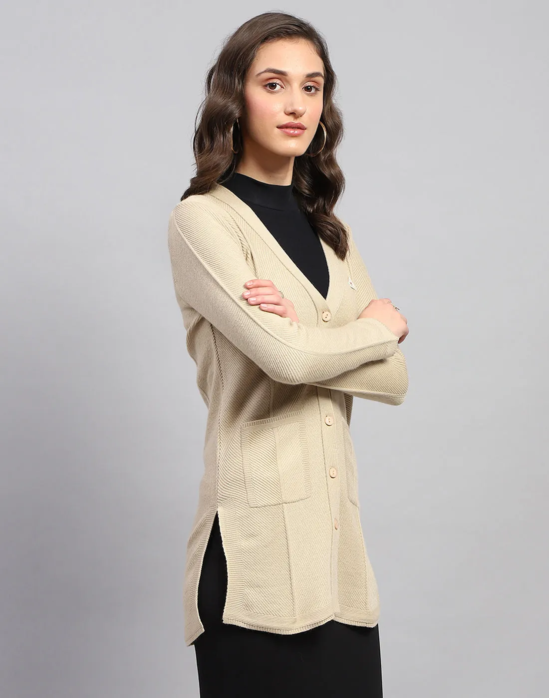 Women Beige Self Design V Neck Full Sleeve Cardigan sold by Monte Carlo product image thumbnail 5
