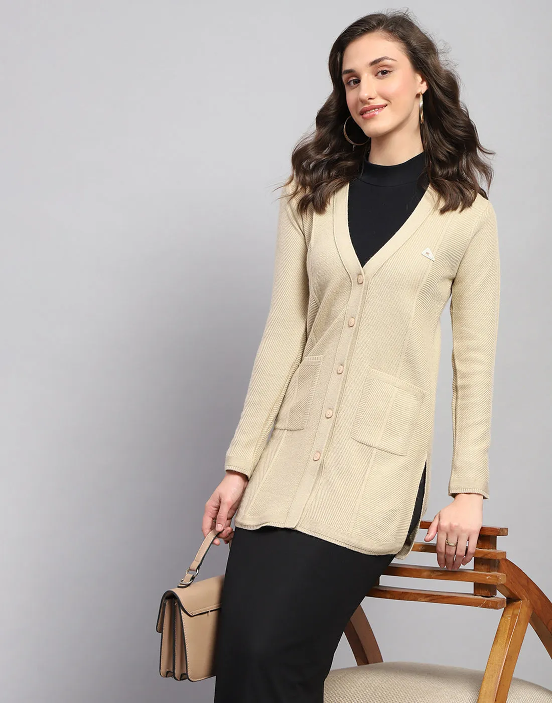 Women Beige Self Design V Neck Full Sleeve Cardigan sold by Monte Carlo product image thumbnail 2
