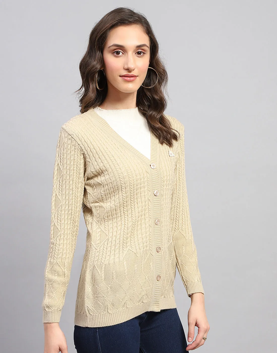 Women Beige Self Design V Neck Full Sleeve Cardigan sold by Monte Carlo product image thumbnail 5