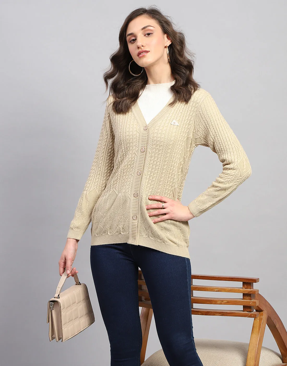 Women Beige Self Design V Neck Full Sleeve Cardigan sold by Monte Carlo product image thumbnail 2