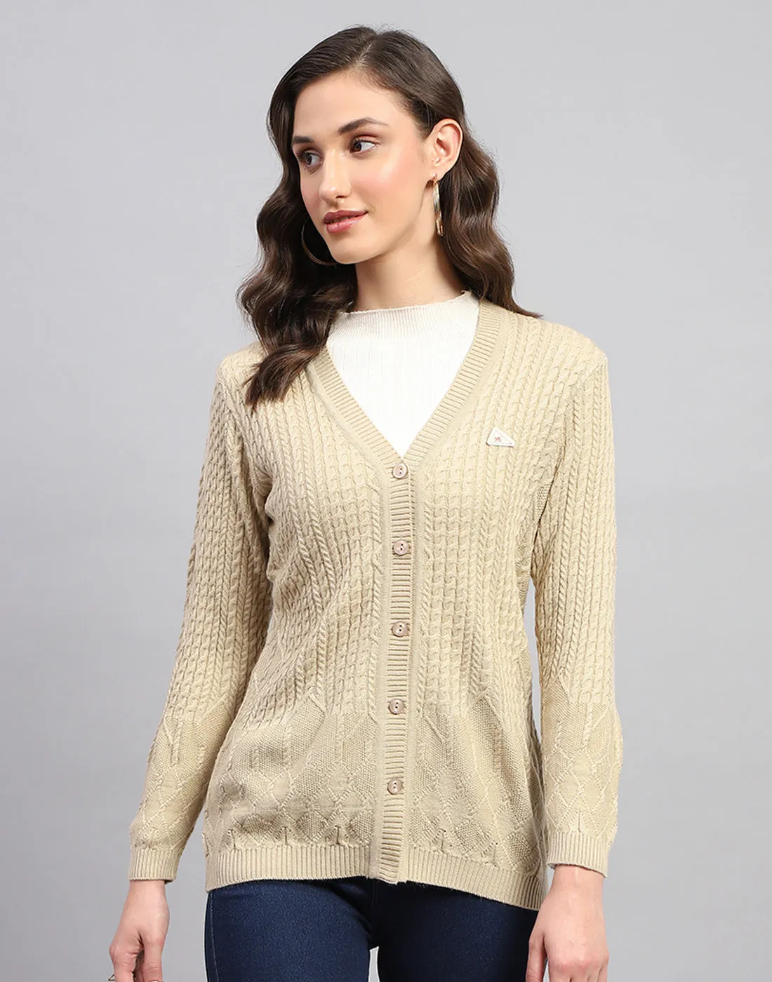 Women Beige Self Design V Neck Full Sleeve Cardigan sold by Monte Carlo product image thumbnail 3