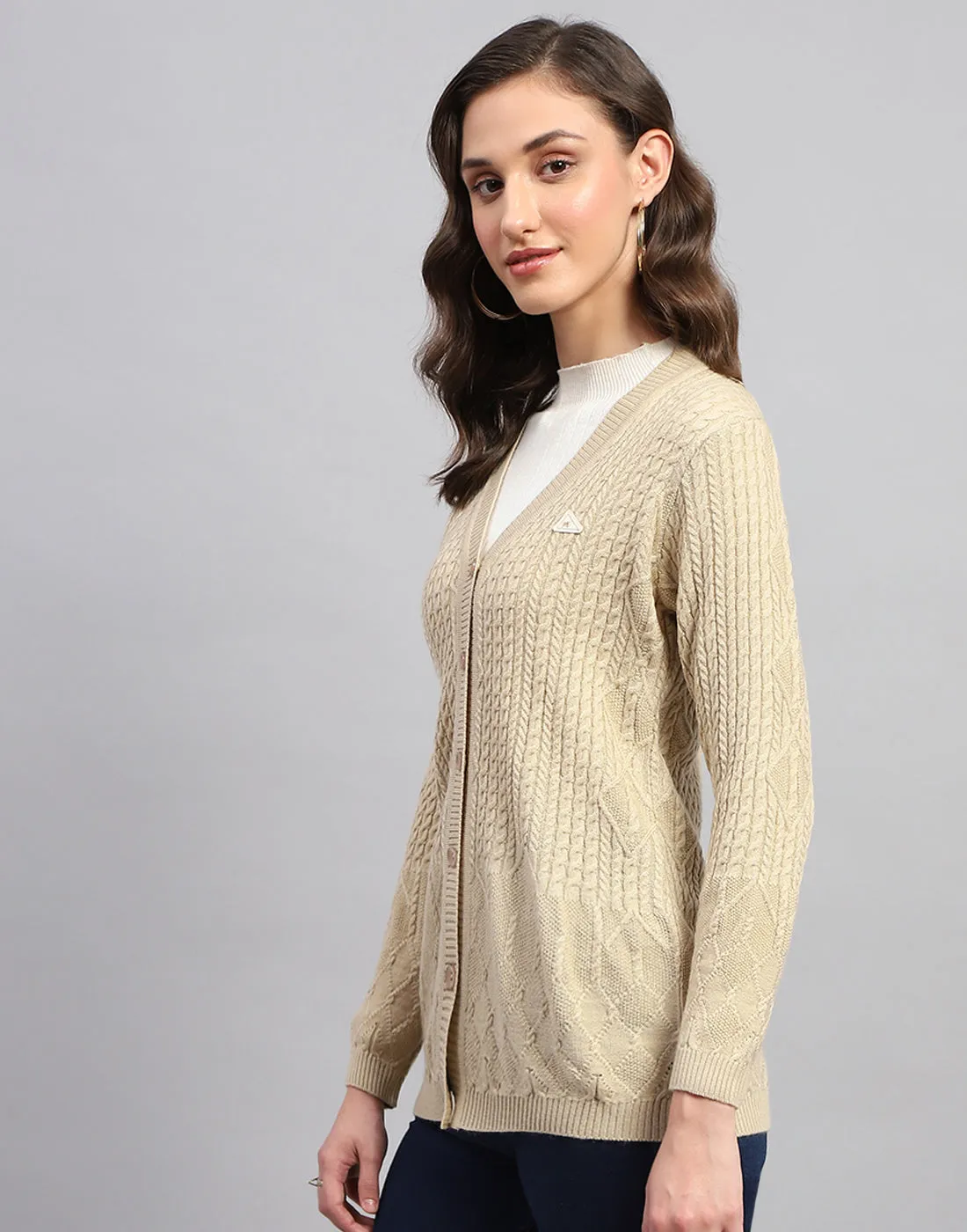 Women Beige Self Design V Neck Full Sleeve Cardigan sold by Monte Carlo product image thumbnail 4