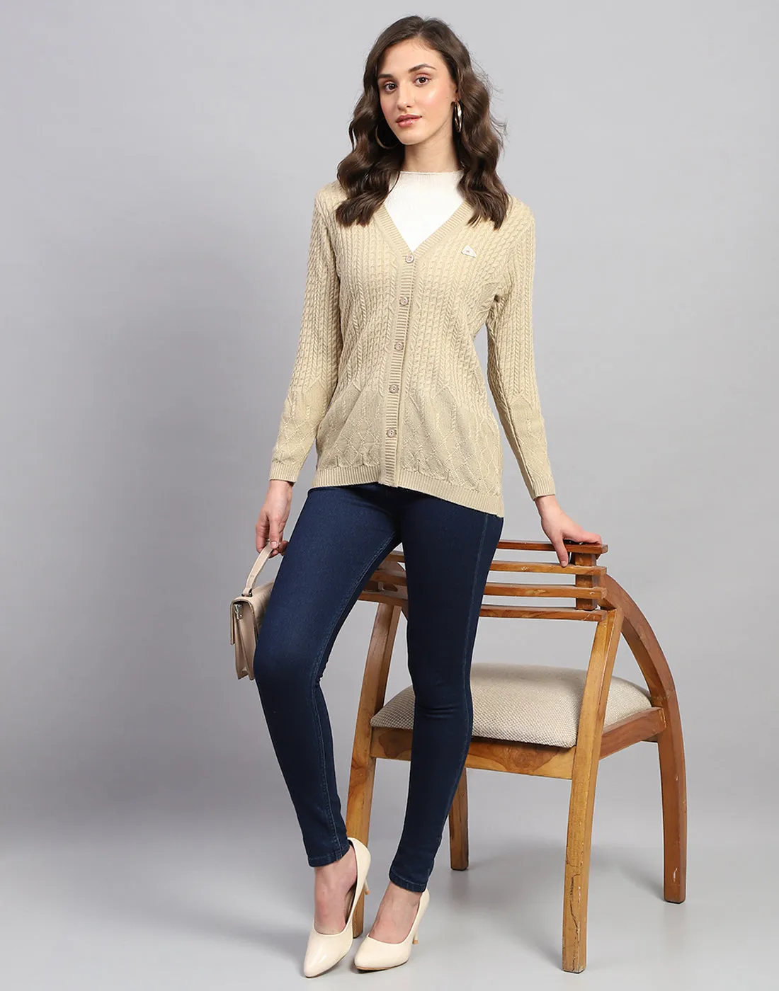 Women Beige Self Design V Neck Full Sleeve Cardigan sold by Monte Carlo