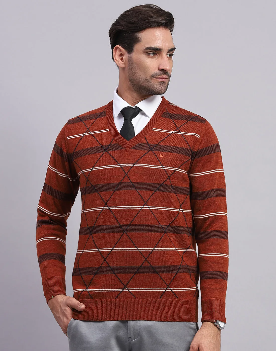 Men Rust Self Design V Neck Full Sleeve Pullover sold by Monte Carlo product image thumbnail 2