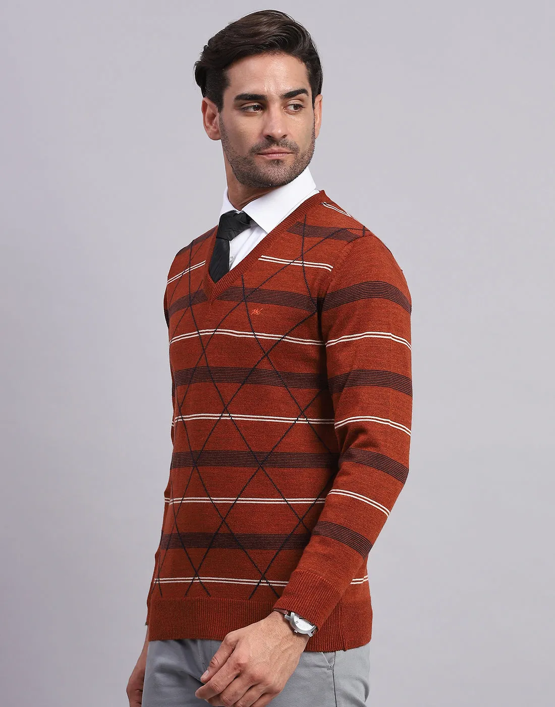 Men Rust Self Design V Neck Full Sleeve Pullover sold by Monte Carlo product image thumbnail 3