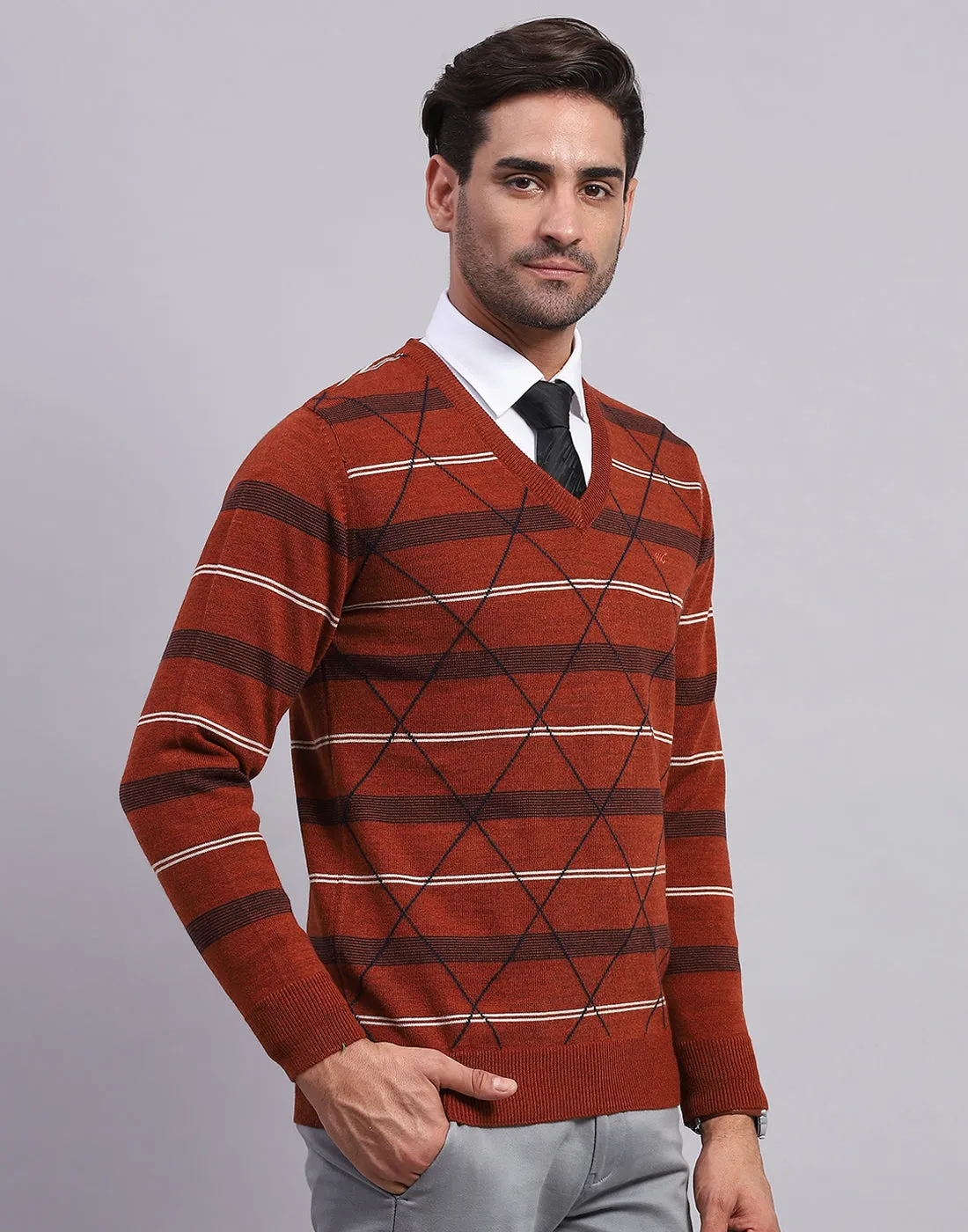 Men Rust Self Design V Neck Full Sleeve Pullover sold by Monte Carlo product image thumbnail 4